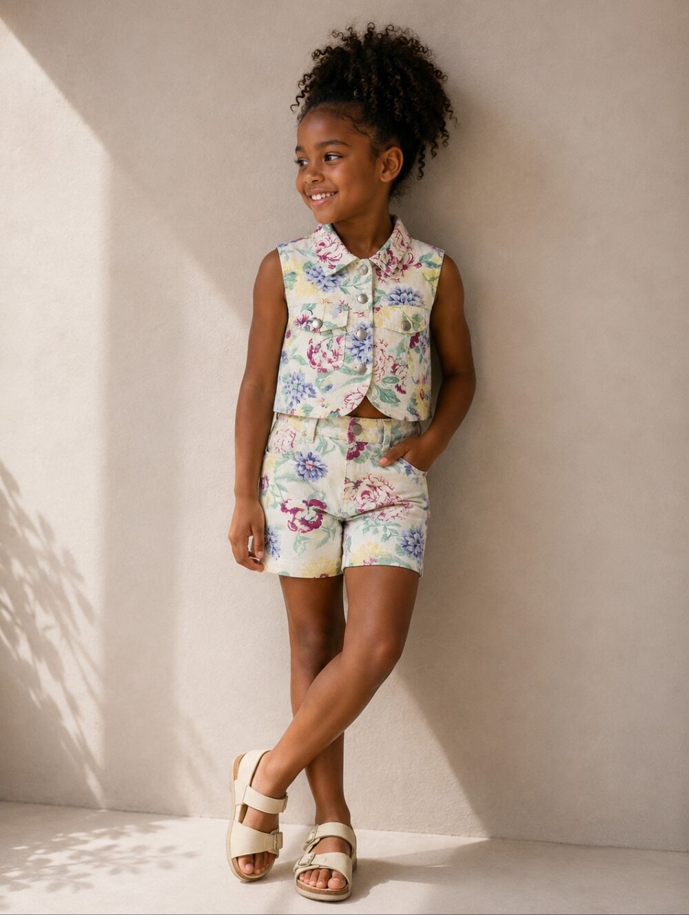Vintage Girls Garden Floral Crop Denim Vest Shorts Set Size 7 90s Cottagecore